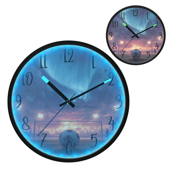 Voice Controlled Luminous Clock LED Night Light 12 Inch Silent Wall Clock Suitable for Bedroom and Living Room Home Decoration Soccer Ball Aurora Borealis