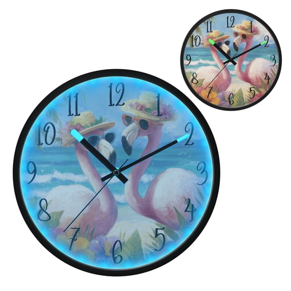 Voice Controlled Luminous Clock LED Night Light 12 Inch Silent Wall Clock Suitable for Bedroom and Living Room Home Decoration Tropical Flamingo Beach Scene