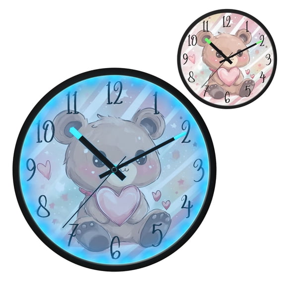 Voice Controlled Luminous Clock LED Night Light 12 Inch Silent Wall Clock Suitable for Bedroom and Living Room Home Decoration Brown Cute Bear