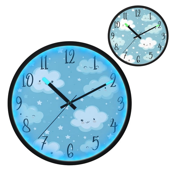 Voice Controlled Luminous Clock LED Night Light 12 Inch Silent Wall Clock Suitable for Bedroom and Living Room Home Decoration Cartoon Cloud