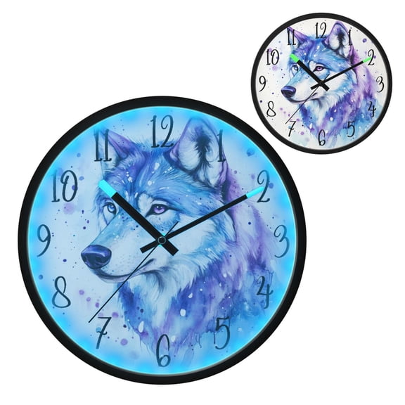 Voice Controlled Luminous Clock LED Night Light 12 Inch Silent Wall Clock Suitable for Bedroom and Living Room Home Decoration Cool Blue Wolf