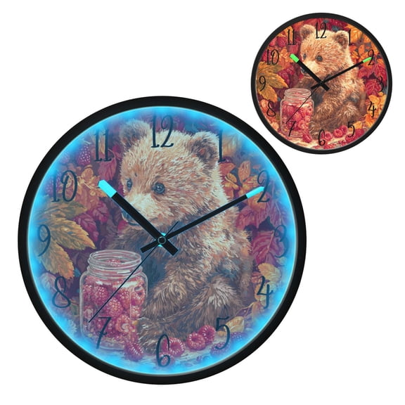 Voice Controlled Luminous Clock LED Night Light 12 Inch Silent Wall Clock Suitable for Bedroom and Living Room Home Decoration Cute Grizzly Bear