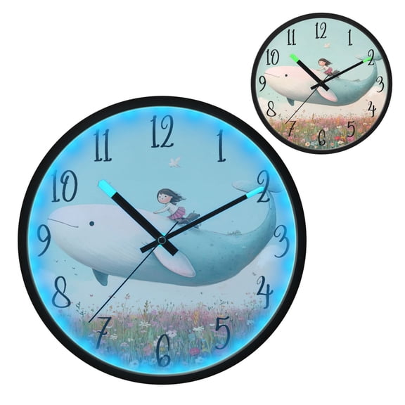Voice Controlled Luminous Clock LED Night Light 12 Inch Silent Wall Clock Suitable for Bedroom and Living Room Home Decoration Flying Fish
