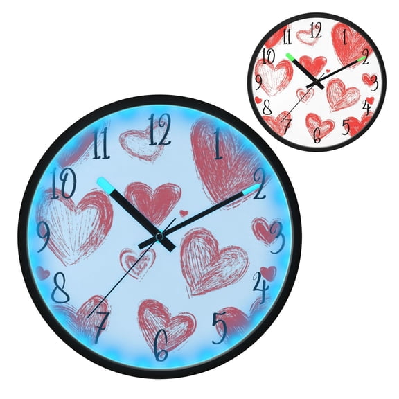Voice Controlled Luminous Clock LED Night Light 12 Inch Silent Wall Clock Suitable for Bedroom and Living Room Home Decoration Line Red Love