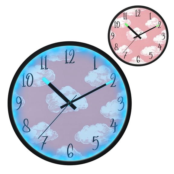 Voice Controlled Luminous Clock LED Night Light 12 Inch Silent Wall Clock Suitable for Bedroom and Living Room Home Decoration Pink White Cloud