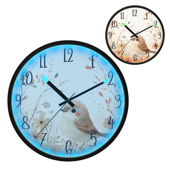 Voice Controlled Luminous Clock LED Night Light 12 Inch Silent Wall Clock Suitable for Bedroom and Living Room Home Decoration Pretty Orange Bird