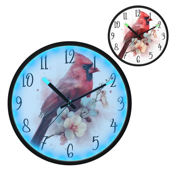 Voice Controlled Luminous Clock LED Night Light 12 Inch Silent Wall Clock Suitable for Bedroom and Living Room Home Decoration Red Bird Pattern