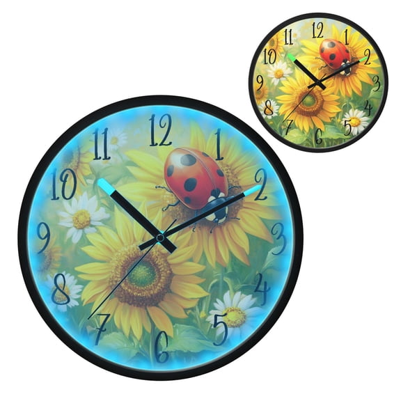 Voice Controlled Luminous Clock LED Night Light 12 Inch Silent Wall Clock Suitable for Bedroom and Living Room Home Decoration Red Ladybug
