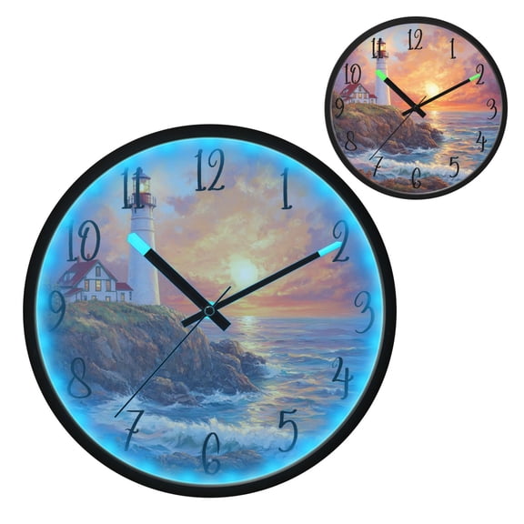 Voice Controlled Luminous Clock LED Night Light 12 Inch Silent Wall Clock Suitable for Bedroom and Living Room Home Decoration Sunset Lighthouse