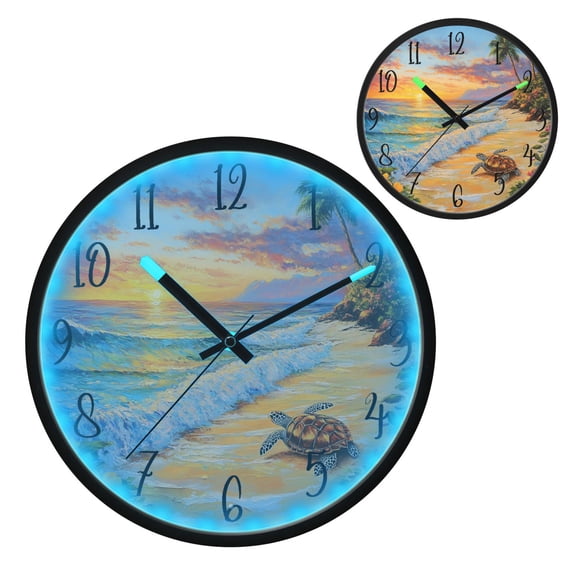 Voice Controlled Luminous Clock LED Night Light 12 Inch Silent Wall Clock Suitable for Bedroom and Living Room Home Decoration Sunset Turtle