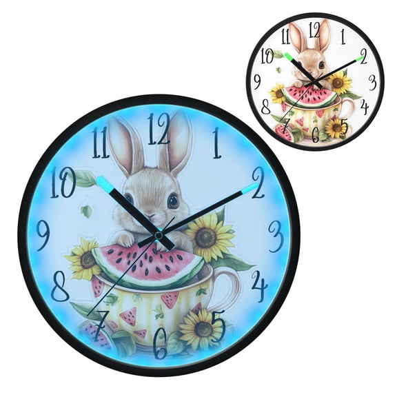 Voice Controlled Luminous Clock LED Night Light 12 Inch Silent Wall Clock Suitable for Bedroom and Living Room Home Decoration Teacup Bunny
