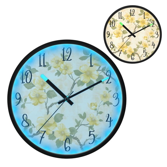 Voice Controlled Luminous Clock LED Night Light 12 Inch Silent Wall Clock Suitable for Bedroom and Living Room Home Decoration Twig Yellow Flower