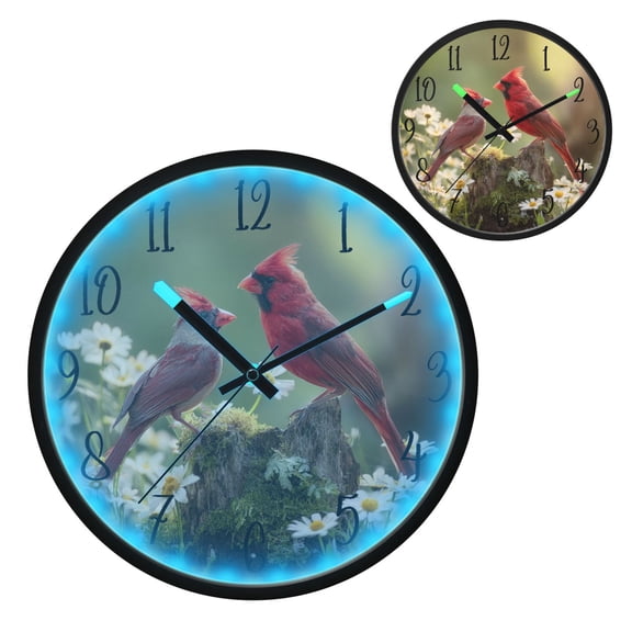 Voice Controlled Luminous Clock LED Night Light 12 Inch Silent Wall Clock Suitable for Bedroom and Living Room Home Decoration Two Red Birds