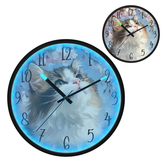 Voice Controlled Luminous Clock LED Night Light 12 Inch Silent Wall Clock Suitable for Bedroom and Living Room Home Decoration Upside-down Cat