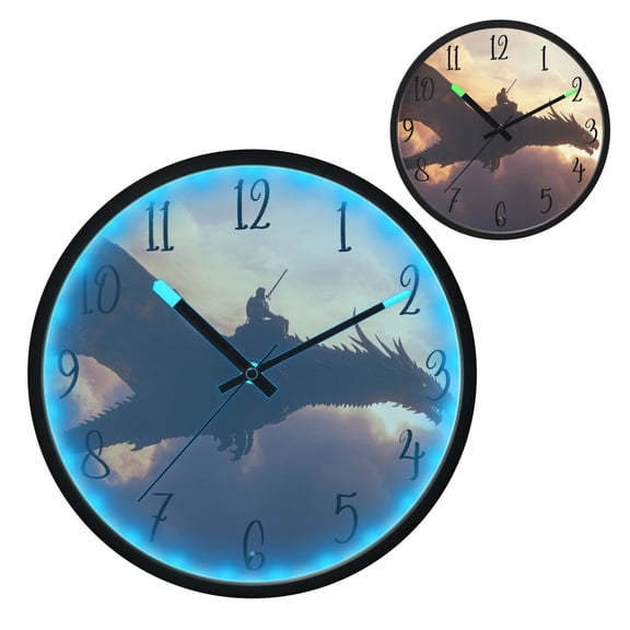 Voice Controlled Luminous Clock LED Night Light 12 Inch Silent Wall Clock Suitable for Bedroom and Living Room Home Decoration Warrior Dragon
