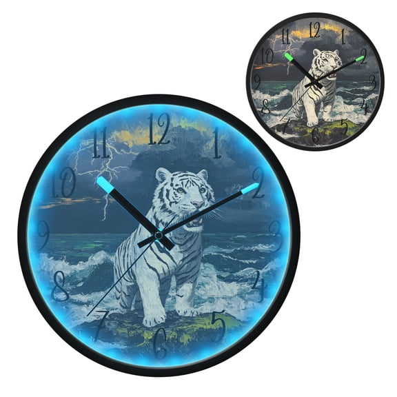 Voice Controlled Luminous Clock LED Night Light 12 Inch Silent Wall Clock Suitable for Bedroom and Living Room Home Decoration White Tiger