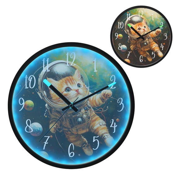 Voice Controlled Luminous Clock LED Night Light 12 Inch Silent Wall Clock Suitable for Bedroom and Living Room Home Decoration Astronaut Cat