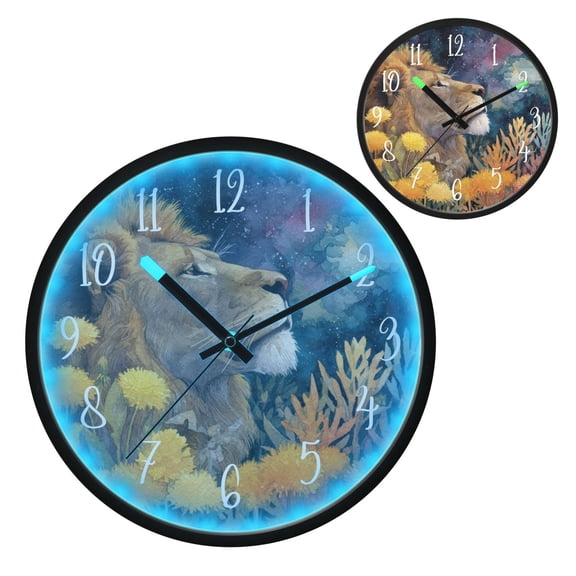 Voice Controlled Luminous Clock LED Night Light 12 Inch Silent Wall Clock Suitable for Bedroom and Living Room Home Decoration Beautiful Lion