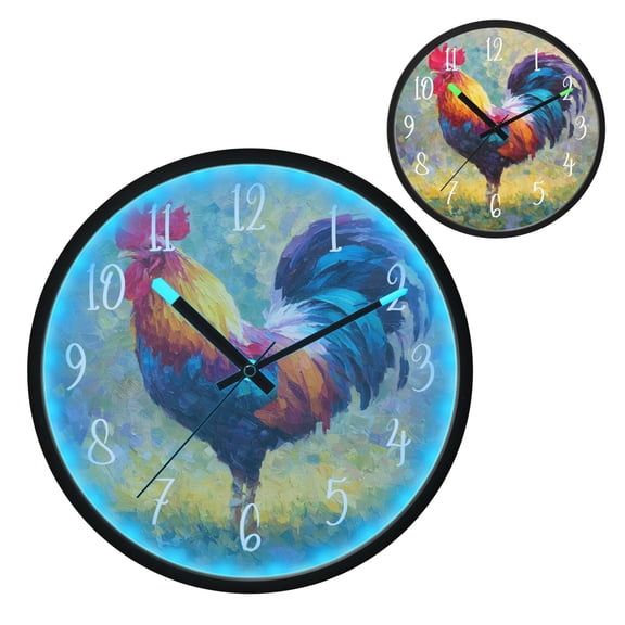 Voice Controlled Luminous Clock LED Night Light 12 Inch Silent Wall Clock Suitable for Bedroom and Living Room Home Decoration Beautiful Rooster