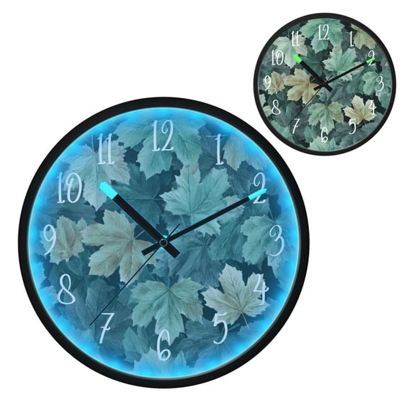 Voice Controlled Luminous Clock LED Night Light 12 Inch Silent Wall Clock Suitable for Bedroom and Living Room Home Decoration Blue Maple Leaf