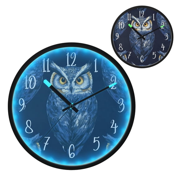 Voice Controlled Luminous Clock LED Night Light 12 Inch Silent Wall Clock Suitable for Bedroom and Living Room Home Decoration Blue Owl