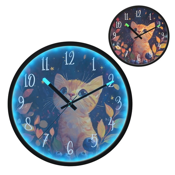 Voice Controlled Luminous Clock LED Night Light 12 Inch Silent Wall Clock Suitable for Bedroom and Living Room Home Decoration Cute Orange Cat