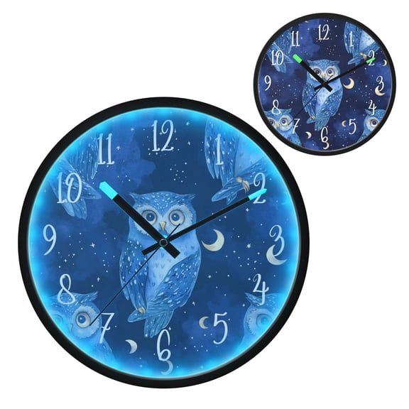 Voice Controlled Luminous Clock LED Night Light 12 Inch Silent Wall Clock Suitable for Bedroom and Living Room Home Decoration Dark Blue Owl
