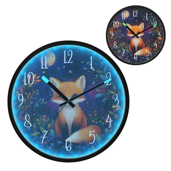 Voice Controlled Luminous Clock LED Night Light 12 Inch Silent Wall Clock Suitable for Bedroom and Living Room Home Decoration Orange Cute Fox
