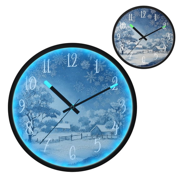 Voice Controlled Luminous Clock LED Night Light 12 Inch Silent Wall Clock Suitable for Bedroom and Living Room Home Decoration Winter Scene