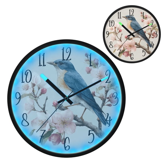 Voice Controlled Luminous Clock LED Night Light 12 Inch Silent Wall Clock Suitable for Bedroom and Living Room Home Decoration Beautiful Blue Bird