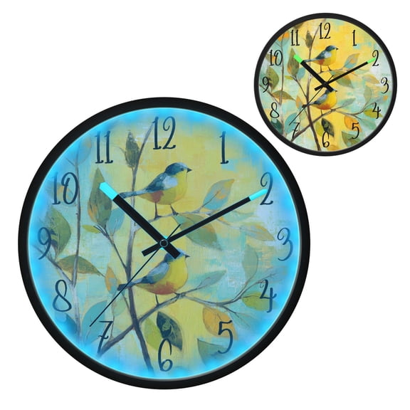 Voice Controlled Luminous Clock LED Night Light 12 Inch Silent Wall Clock Suitable for Bedroom and Living Room Home Decoration Blue Birds Beautiful
