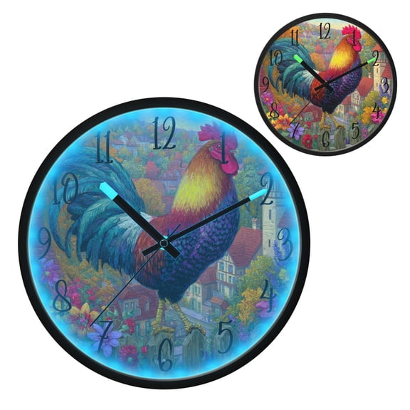 Voice Controlled Luminous Clock LED Night Light 12 Inch Silent Wall Clock Suitable for Bedroom and Living Room Home Decoration Cartoon Rooster Fence