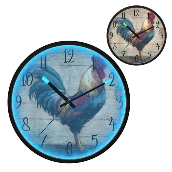 Voice Controlled Luminous Clock LED Night Light 12 Inch Silent Wall Clock Suitable for Bedroom and Living Room Home Decoration Colorful Rooster