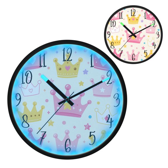 Voice Controlled Luminous Clock LED Night Light 12 Inch Silent Wall Clock Suitable for Bedroom and Living Room Home Decoration Crown Pink Princess