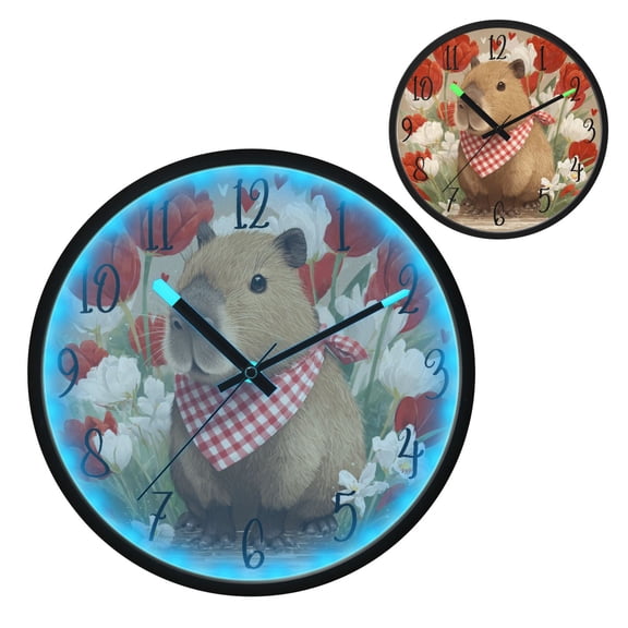 Voice Controlled Luminous Clock LED Night Light 12 Inch Silent Wall Clock Suitable for Bedroom and Living Room Home Decoration Cute Capybara