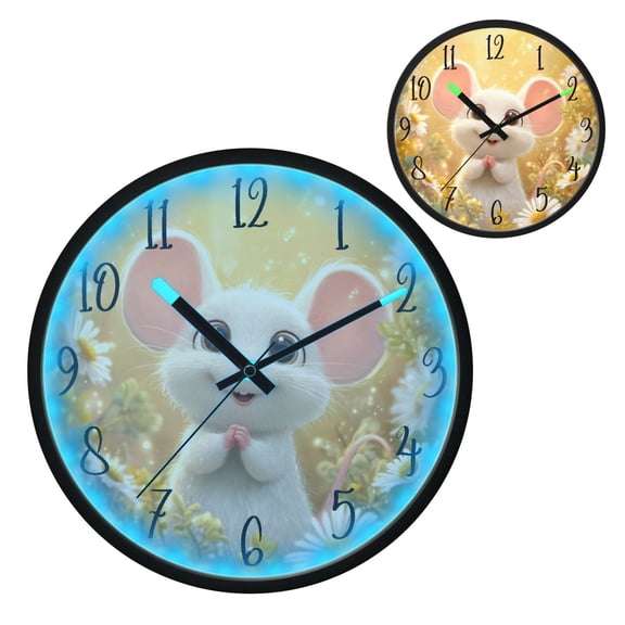 Voice Controlled Luminous Clock LED Night Light 12 Inch Silent Wall Clock Suitable for Bedroom and Living Room Home Decoration Cute White Mouse