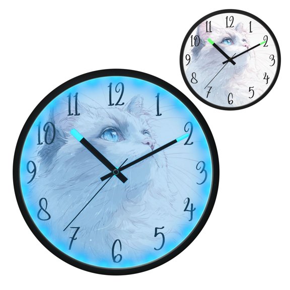 Voice Controlled Luminous Clock LED Night Light 12 Inch Silent Wall Clock Suitable for Bedroom and Living Room Home Decoration Cute White Ragdoll Cat