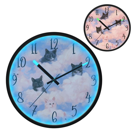 Voice Controlled Luminous Clock LED Night Light 12 Inch Silent Wall Clock Suitable for Bedroom and Living Room Home Decoration Dreamy Cloud Cat Sky