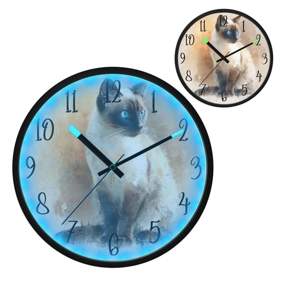Voice Controlled Luminous Clock LED Night Light 12 Inch Silent Wall Clock Suitable for Bedroom and Living Room Home Decoration Full-body Cat Portrait