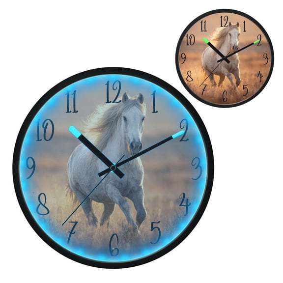 Voice Controlled Luminous Clock LED Night Light 12 Inch Silent Wall Clock Suitable for Bedroom and Living Room Home Decoration Majestic White Horse