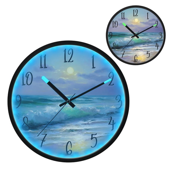 Voice Controlled Luminous Clock LED Night Light 12 Inch Silent Wall Clock Suitable for Bedroom and Living Room Home Decoration Sun Moon Waves