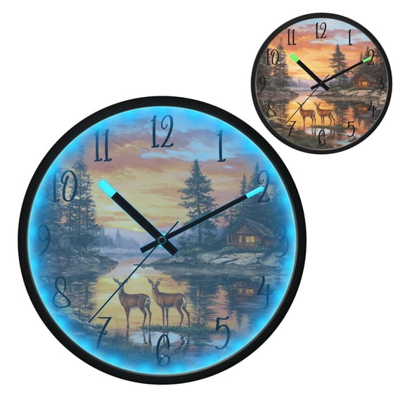 Voice Controlled Luminous Clock LED Night Light 12 Inch Silent Wall Clock Suitable for Bedroom and Living Room Home Decoration Two Deer by Lake
