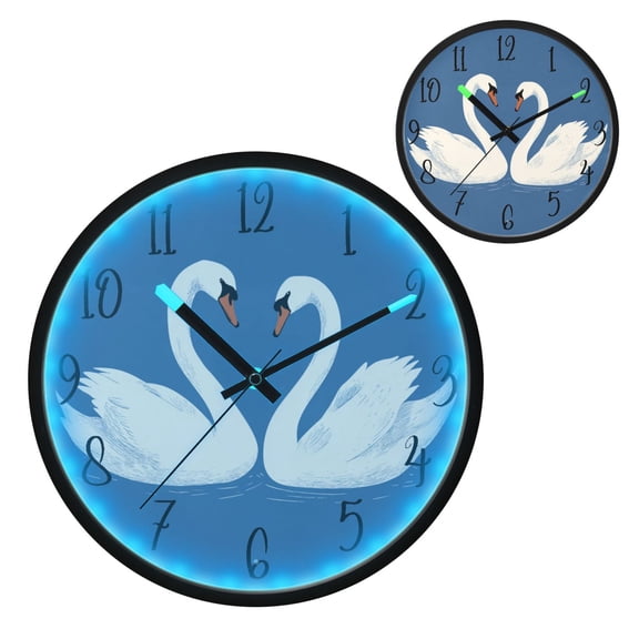 Voice Controlled Luminous Clock LED Night Light 12 Inch Silent Wall Clock Suitable for Bedroom and Living Room Home Decoration Two Swans in Love