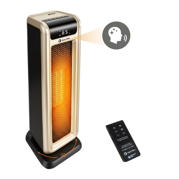 Voice Pilot 23“ Oscillating Tower Space Heater with Offline Voice Control, Favorite Setting, Cool-Touch Grille, Tip-Over Alarm & Shutoff, Braille Tactile Buttons, 8H Timer, Gold