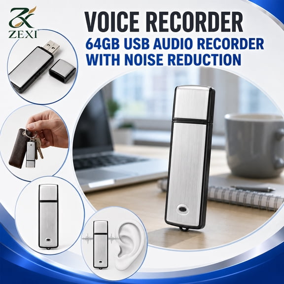 Voice Recorder, 64GB USB Audio Recorder with Noise Reduction, Mini Digital Recording Device for Meetings, Lectures and Interviews