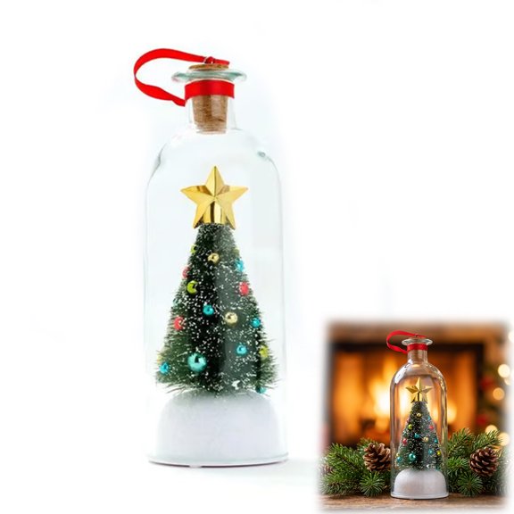 Voice Recording Christmas Ornament, Message in a Bottle with Playback, Mini Snowy Christmas Tree Glass Decoration, Unique Holiday Keepsake for Tree, Mantel & Home Decor