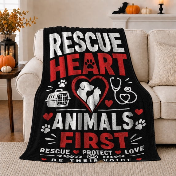 Be Their Voice Rescue Heart Pet Advocate Design, Festive Pet Portrait Pattern, Warm Flannel Blanket for Living Room and Reading Nook, Dog Lovers Valentine's Day Gift, Pet Lover Home Decor