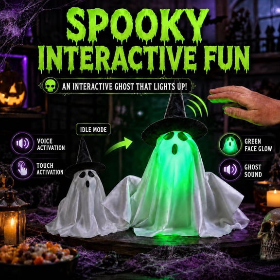 Voice & Touch Activated Moving Ghost Figurine, Interactive Up-Down Lifting Ghost with Green LED Light & Witch Hat, Spooky Cloth Halloween Desktop Ornament, Requires 3 AAA Batteries (Not Included)
