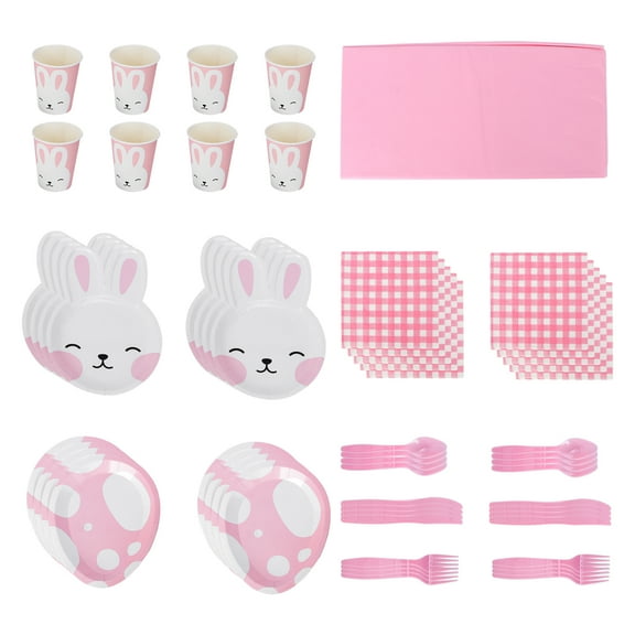 Voiceine 1 Set Tableware Set Paper Bunny Plates Cups Napkins Forks Spoons Tablecloth Napkins Dinnerware for Party Supplies Serves 16