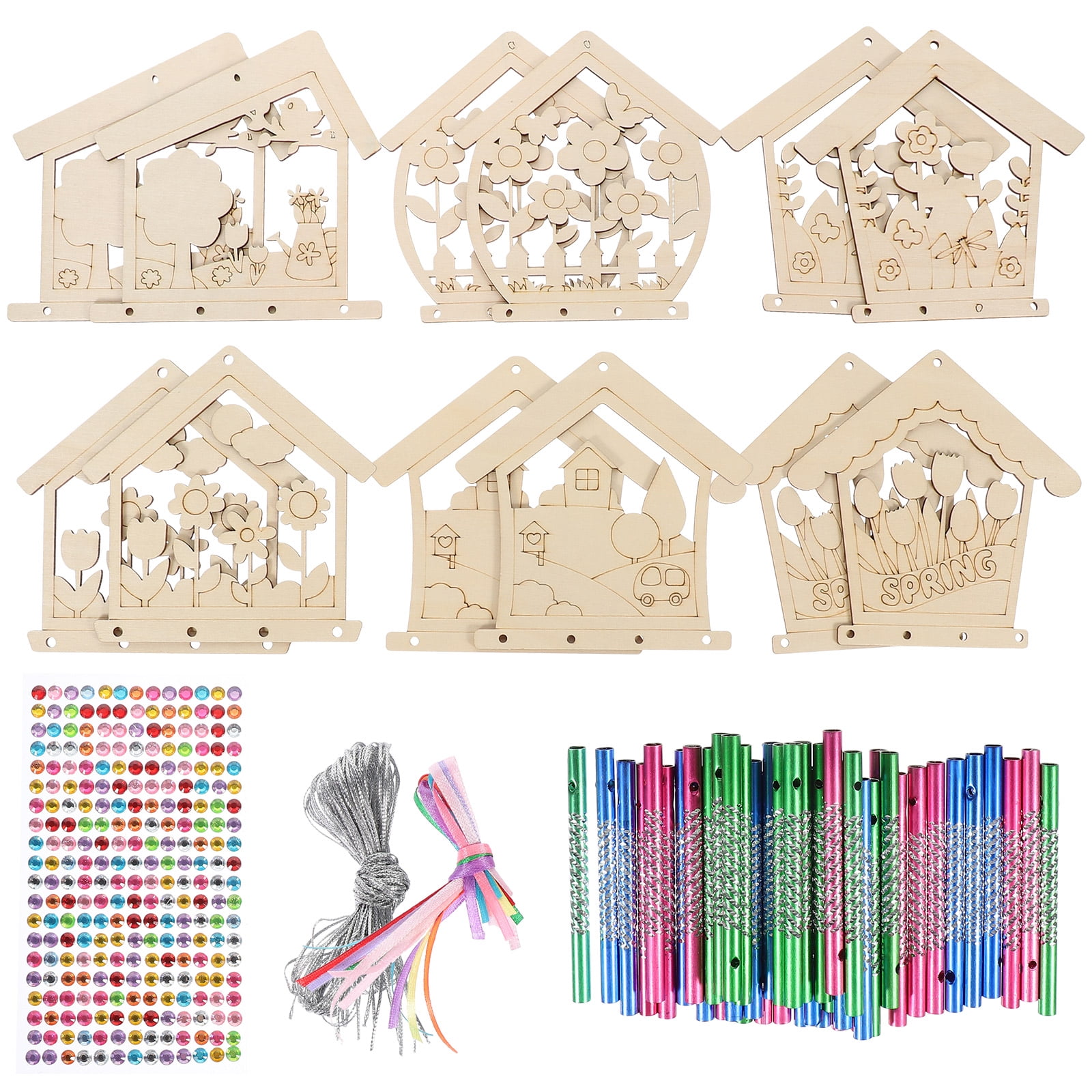 Voiceine 1 Set Unfinished Wind Chime Material DIY Bird House Theme Wind Chime Material